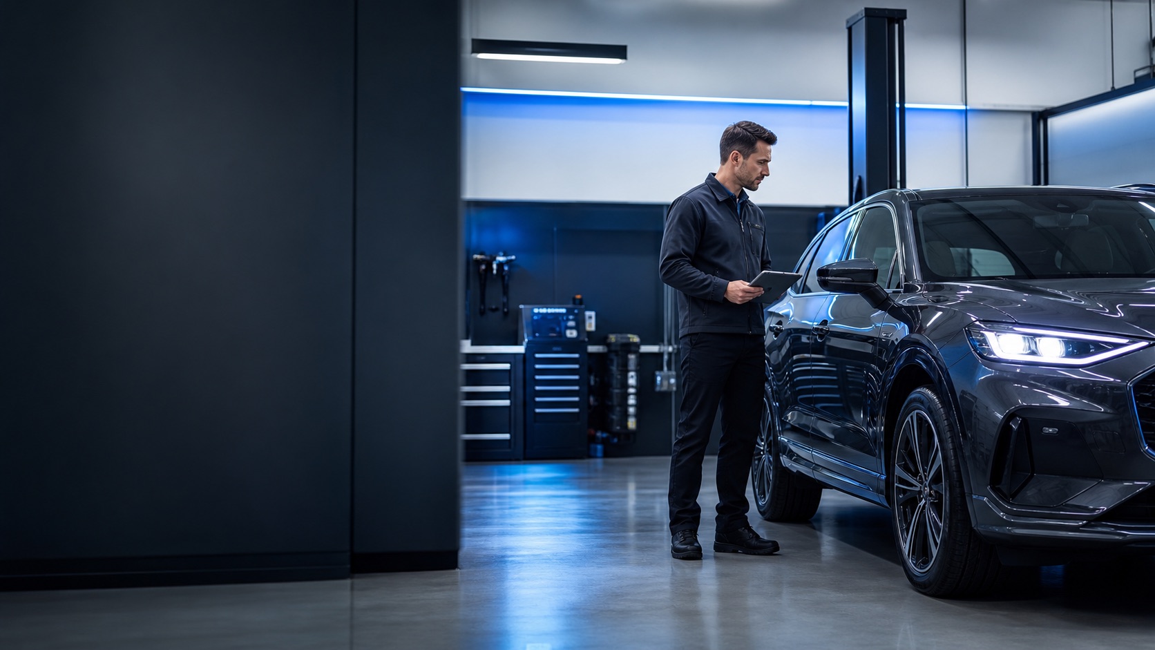 Service advisor inspecting a vehicle in a modern automotive service bay.