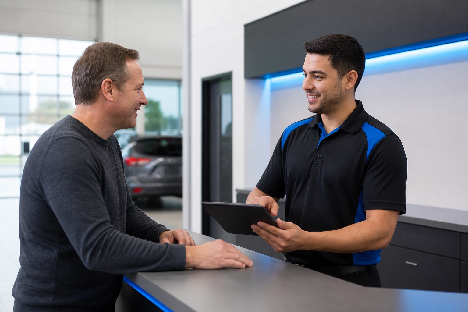 Vehicle owner discussing a quote request with an automotive service advisor.