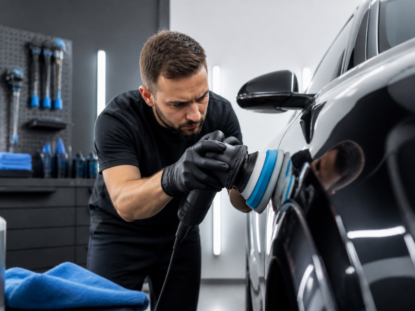 Detailer polishing a vehicle panel in a clean detailing studio.