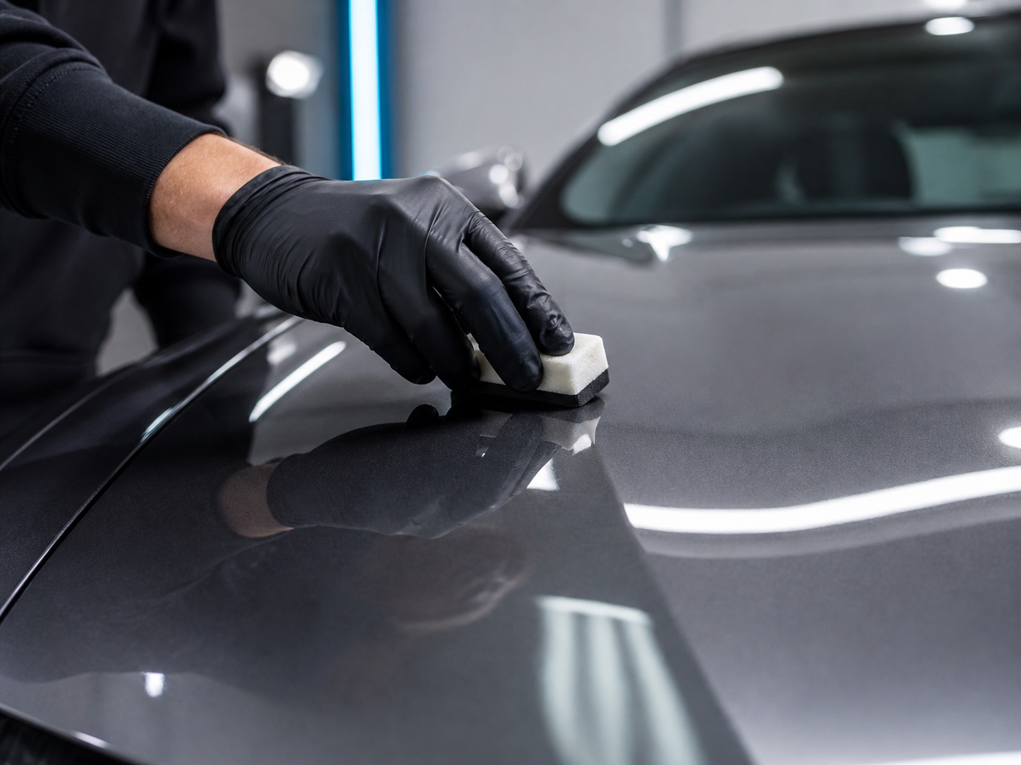 Technician applying ceramic coating to a clean vehicle hood.
