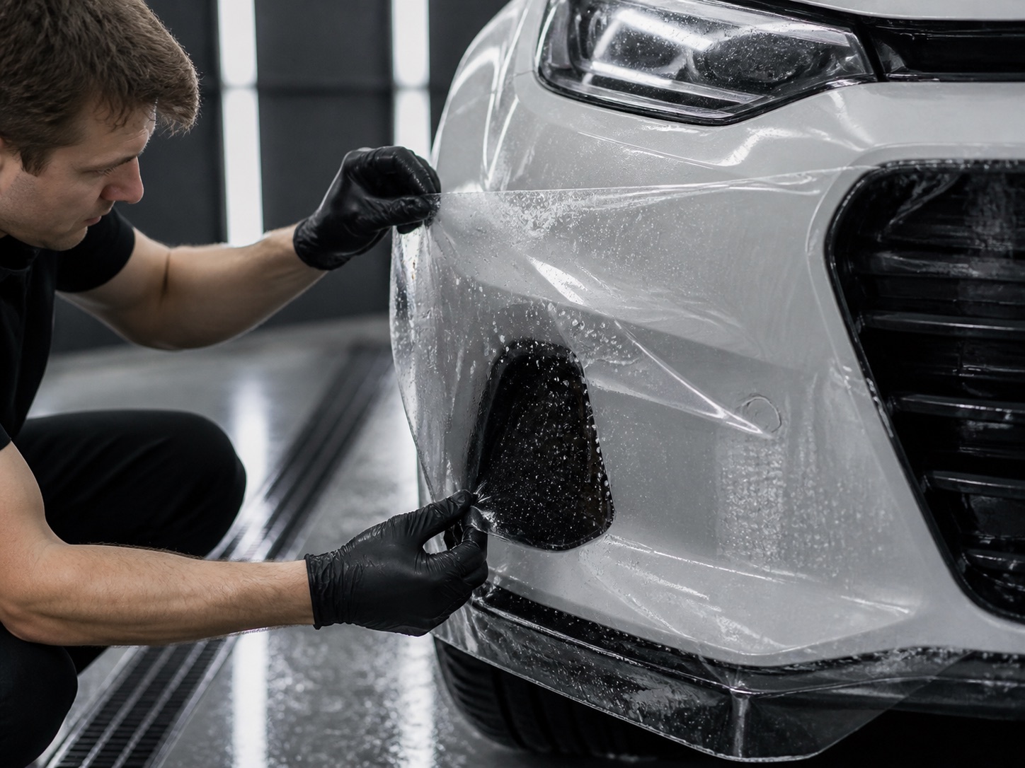 Installer applying paint protection film to a vehicle bumper.